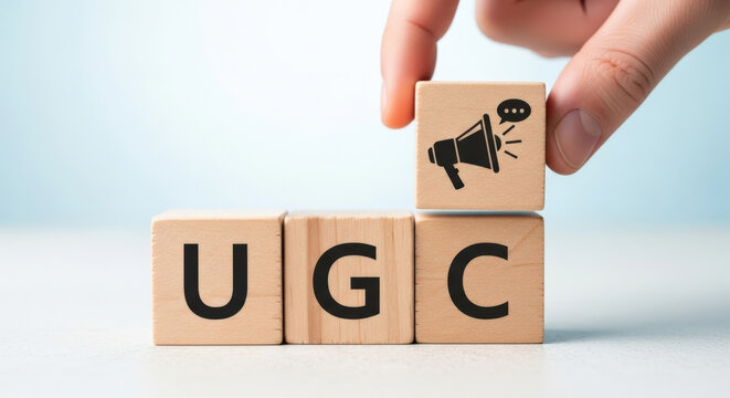 User Generated Content Wooden Blocks With UGC Text Hand Adding Icon Increase Customer Engagement Marketing Strategy Influence Authenticity