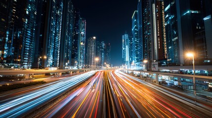 Naklejka premium Modern City Skyline with Long Exposure Light Trails on Busy Highway at Night