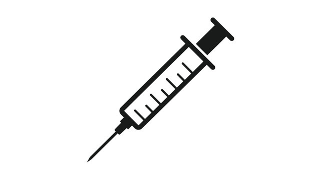 Black outline icon of a medical syringe with needle white background injection treatment medicine healthcare