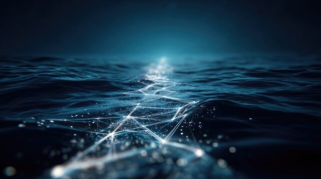 Abstract Digital Waves in a Dark Sea with Glowing Particles and Light Trails, Representing Technology, Data, and Oceanic Depths at Night