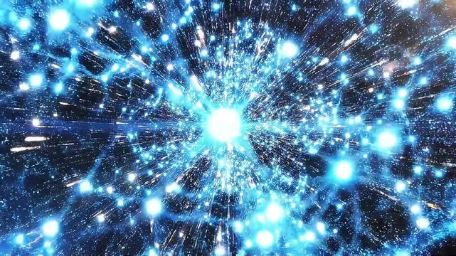Abstract digital network with glowing blue particles and interconnected lines, symbolizing complex data flow or cosmic energy in a futuristic technological background