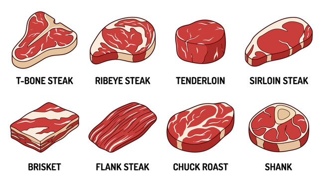 A comprehensive educational illustration featuring various raw beef cuts including t-bone ribeye tenderloin sirloin brisket flank chuck roast and shank for culinary reference and butchery guides.