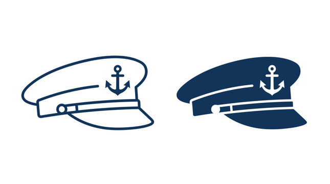 Two captain's hats one outlined and one solid navy blue both with anchors uniform cap peaked cap illustration