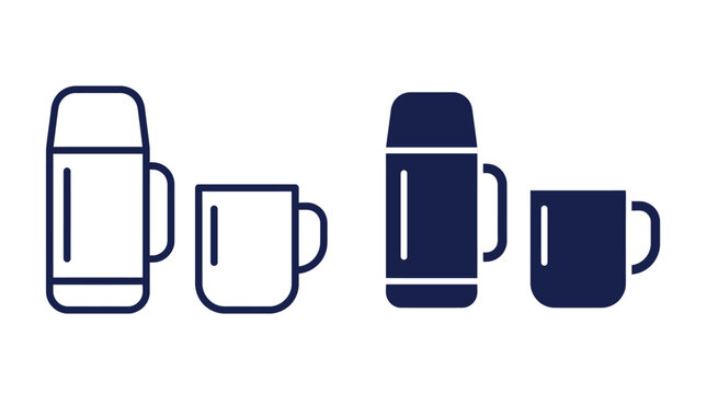 Outline and glyph icons of thermos flask and mug for hot drinks with hot drink web design cold drink insulated bottle