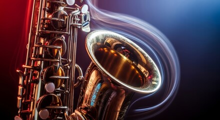 Obraz premium Close-up of a brass saxophone during a live jazz set, showcasing cinematic lighting and sweeping motion blur for a feeling of musical tempo, energy, audio, streaked
