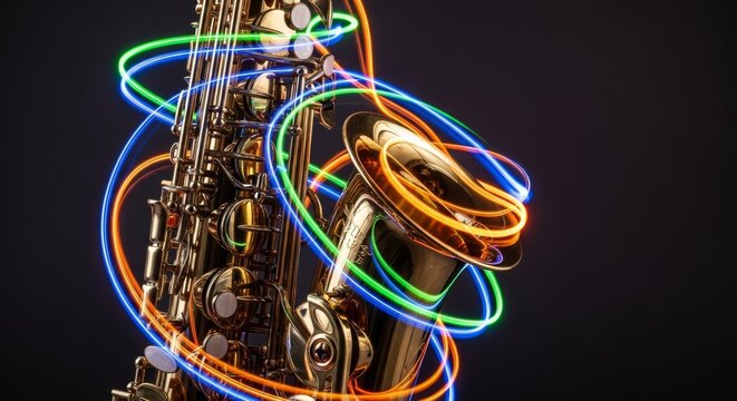 Close-up of a gleaming gold saxophone in dynamic motion, vibrant light trails highlighting polished metallic textures and melodic energy, gleaming, brass, gold