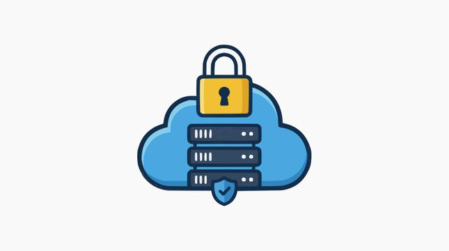 Cloud Security: A digital illustration depicts a secure cloud environment, symbolized by a lock atop a cloud, protecting servers with a shield, representing the safeguarding of information and data
