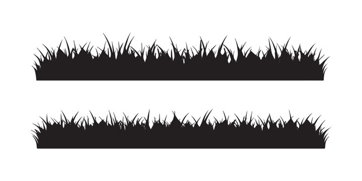 Wild Grass Border Silhouette Set with Flowers, Butterflies and Nature Elements Vector Illustration
