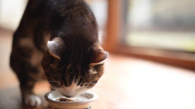 かつおフレークを食べるキジ猫