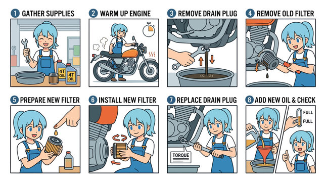An illustrated step by step guide featuring a young mechanic performing a routine motorcycle oil change with clear instructions for maintaining a bike engine at home.