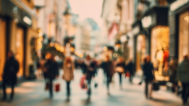 Blurred city street with people walking, shopping district atmosphere