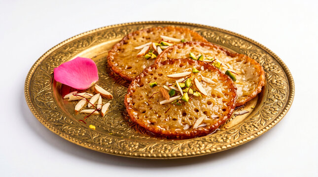 Indian Gujarati traditional festival Sweet food  Malpua pancake deep fried  in ghee, festival breakfast or dessert, made from flour batter, sugar, milk, can serve with sweet milk rice pudding rabri