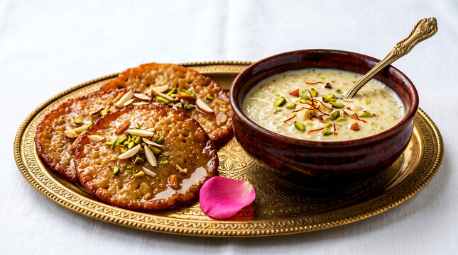 Indian Gujarati traditional festival Sweet food  Malpua pancake deep fried  in ghee, festival breakfast or dessert, made from flour batter, sugar, milk,serve with sweet milk rice pudding rabri