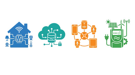Fototapeta premium Four distinct icons illustrating smart home technology, cloud computing, interconnected IoT devices, and renewable energy solutions.