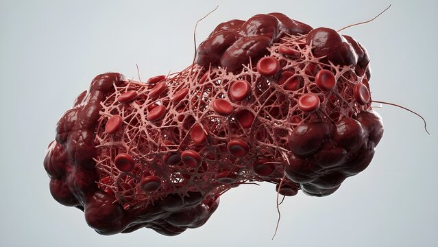 3D macro illustration of a blood clot (thrombus) with a tight fibrin network and trapped red blood cells, representing a condition like hemorrhagic stroke or deep vein thrombosis.