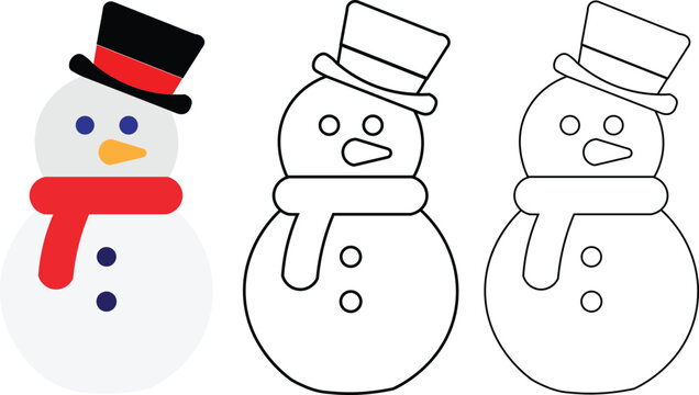 Christmas snowman vector set, winter holiday character icons in flat and line art styles, festive snowman with top hat and red scarf for seasonal design