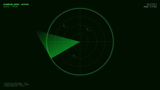 Futuristic Radar Sonar Sweep HUD with Green Digital Tracking Scanner Interface and Military Target Acquisition Surveillance Monitoring Analytics Screen.