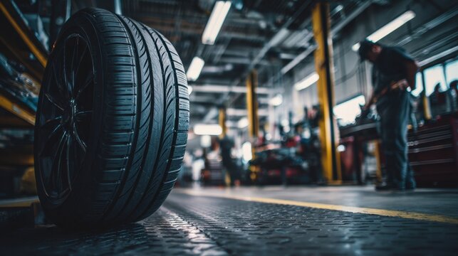 New tire resting on a textured workshop floor with automotive repair technicians working in a busy garage filled with tools and equipment in the background