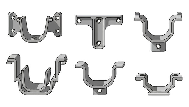 Six types of metal pipe or conduit clampsbrackets arranged in two rows