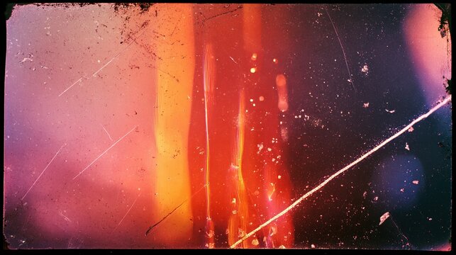 Vibrant abstract photography with striking light leaks and heavy grunge texture, soft pinkish red fading to fiery orange center and deep black on right, vertical elongated red orange light blurs like 