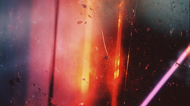 Vibrant abstract photography with striking light leaks and heavy grunge texture, soft pinkish red fading to fiery orange center and deep black on right, vertical elongated red orange light blurs like 