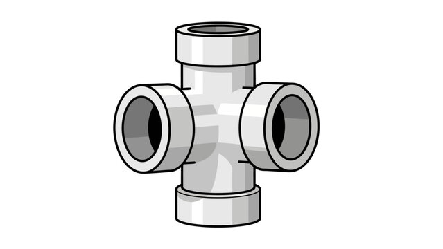 Stylized fourway intersecting white plastic pipe fitting