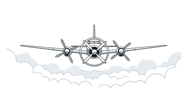 Stylized illustration of a fourengine propeller airplane flying above clouds