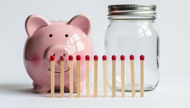 Financial Spark: A symbolic composition of financial prudence, a piggy bank, matches, and an empty glass jar. It evokes thoughts of starting a journey or making saving the start.