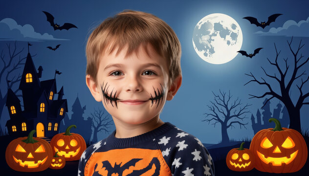 Spooky Halloween Portrait: A young child with Halloween face paint smiles brightly, set against a spooky backdrop featuring pumpkins, bats, and a haunted house under the moonlight. 