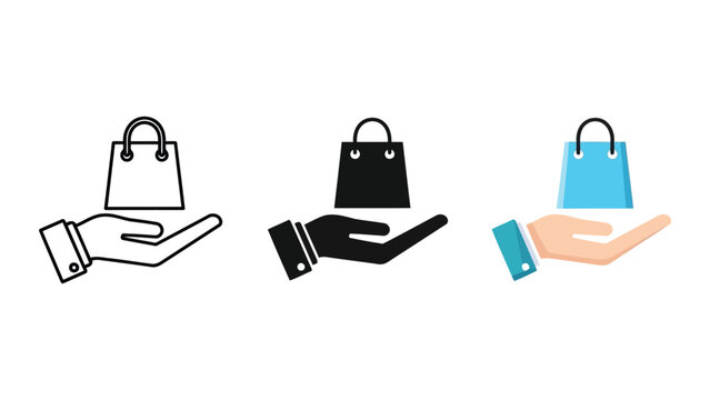 Three stylized hands holding shopping bags in outline, silhouette, and flat color vector illustration