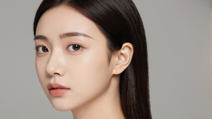 Fototapeta premium Serene Expression: A portrait of a woman with captivating eyes and a gentle smile, exudes elegance and grace, reflecting a sense of inner peace.