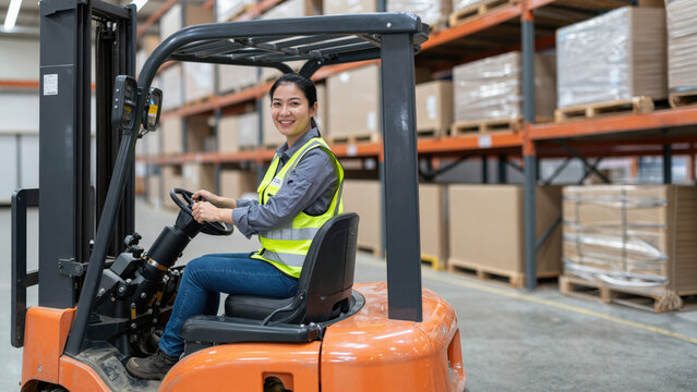 Forklift Operator in Warehouse: A skilled operator confidently navigates a forklift through a busy warehouse, efficiently moving goods amidst stacks of organized inventory.