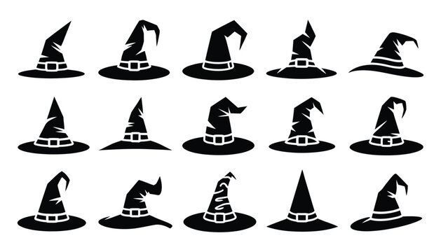 Black witch hats icon set featuring buckle details and different silhouettes for Halloween themed vector graphics
