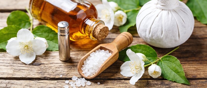 A wooden table displays a bottle, scoop of salt, flowers, and a white object.