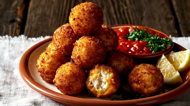 Canda, traditional Chadian fish balls, arranged in elegant pyramid on handcrafted terracotta ceramic plate with cream glazed interior