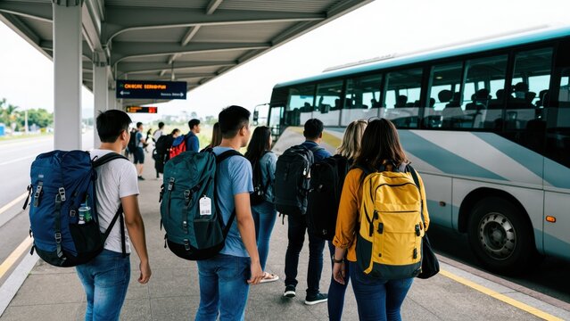 Journey's Beginning: A group of youthful travelers boards a grand tour bus, poised at a bus station for their awaiting adventure. They stand with anticipation.