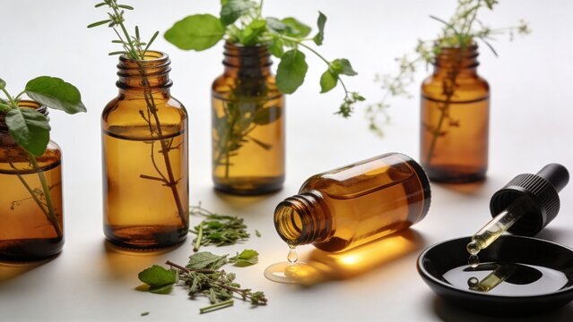 Green plants sprout from amber glass bottles on a white surface with scattered leaves and a spilled bottle.