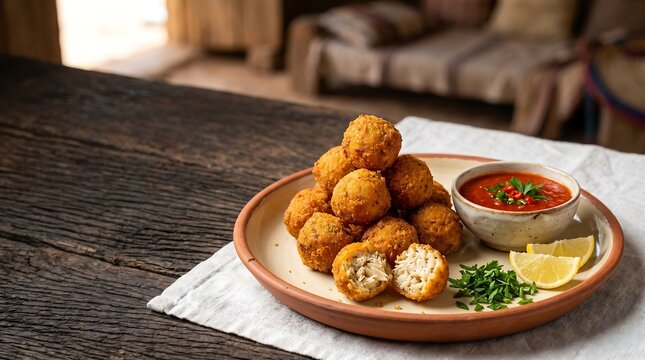Canda, traditional Chadian fish balls, arranged in elegant pyramid on handcrafted terracotta ceramic plate with cream glazed interior