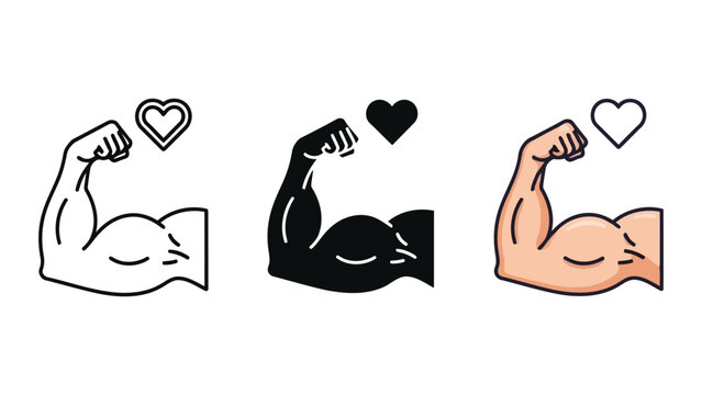 Bicep muscle arm icons with heart symbol vector illustration set
