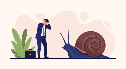 Businessman, frustrated, slow progress, snail, vector illustration, office stress, cartoon style, modern design, flat icon, workplace anxiety © Vasant