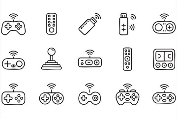 Minimal wireless gamepad icons featuring remote controls, joystick, USB dongle, signal, and gaming accessories © Icon Nest