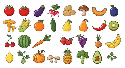 Obraz premium Fresh Fruit, Vegetable Icons Set, Colorful Food Illustrations, 30+ Healthy Eating Symbols