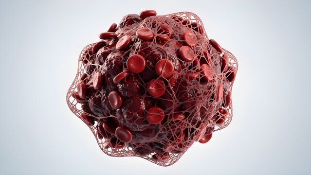 A detailed 3D scientific visualization illustrating red blood cells trapped within a fibrin mesh, forming a medical thrombus or blood clot.