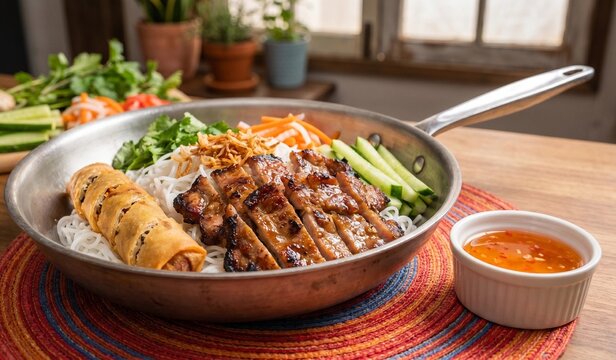  Vietnamese Bun Thit Nuong Grilled Pork Noodle Skillet with Spring Roll