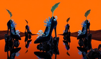 Fototapeta premium Surreal Desert with Black Velvet Stiletto Ships and Blue Coral
