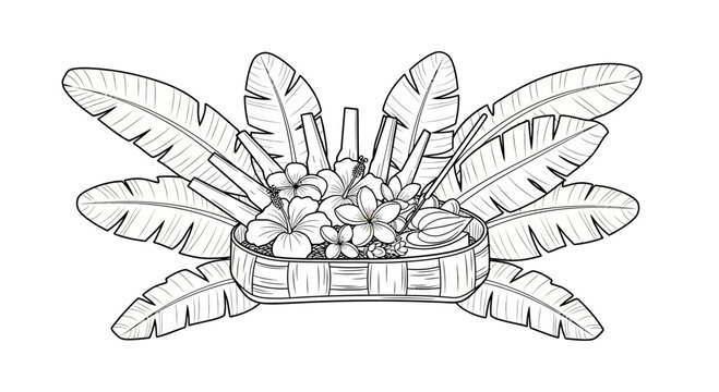 Balinese Offering Basket with Frangipani Flowers and Banana Leaves, Hand-Drawn Sketch