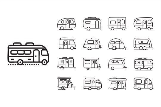 Motorhome outline icon collection for road trips, outdoor adventure, vacation travel, and campsite design