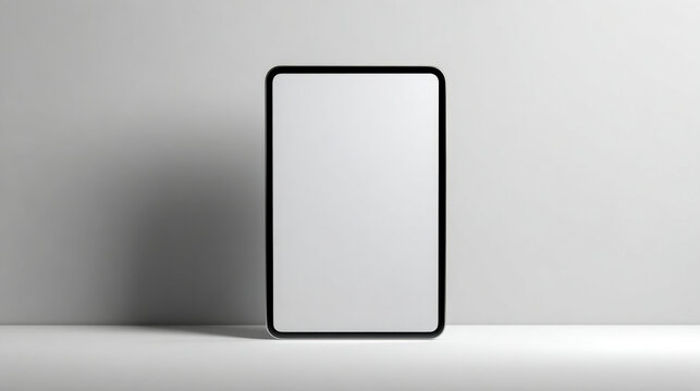 Vertical tablet device with black frame displaying a blank white screen standing on a plain white surface against a light gray wall background in minimalistic settin