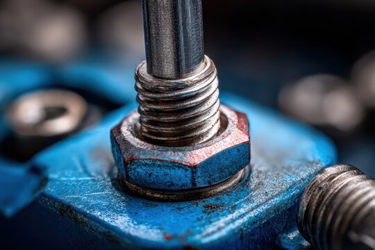 Detailed view of a metal bolt and nut assembly on a blue painted mechanical component showcasing industrial texture and precision engineering elements