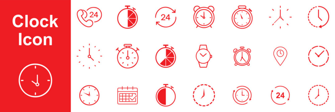 Minimal Clock and Time Line Icons Set Collection &ndash; Stopwatch, Timer, Alarm, Calendar and Watch Vector Symbols
